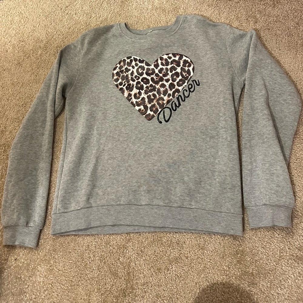 Gray Sweatshirt with Leopard Heart Design